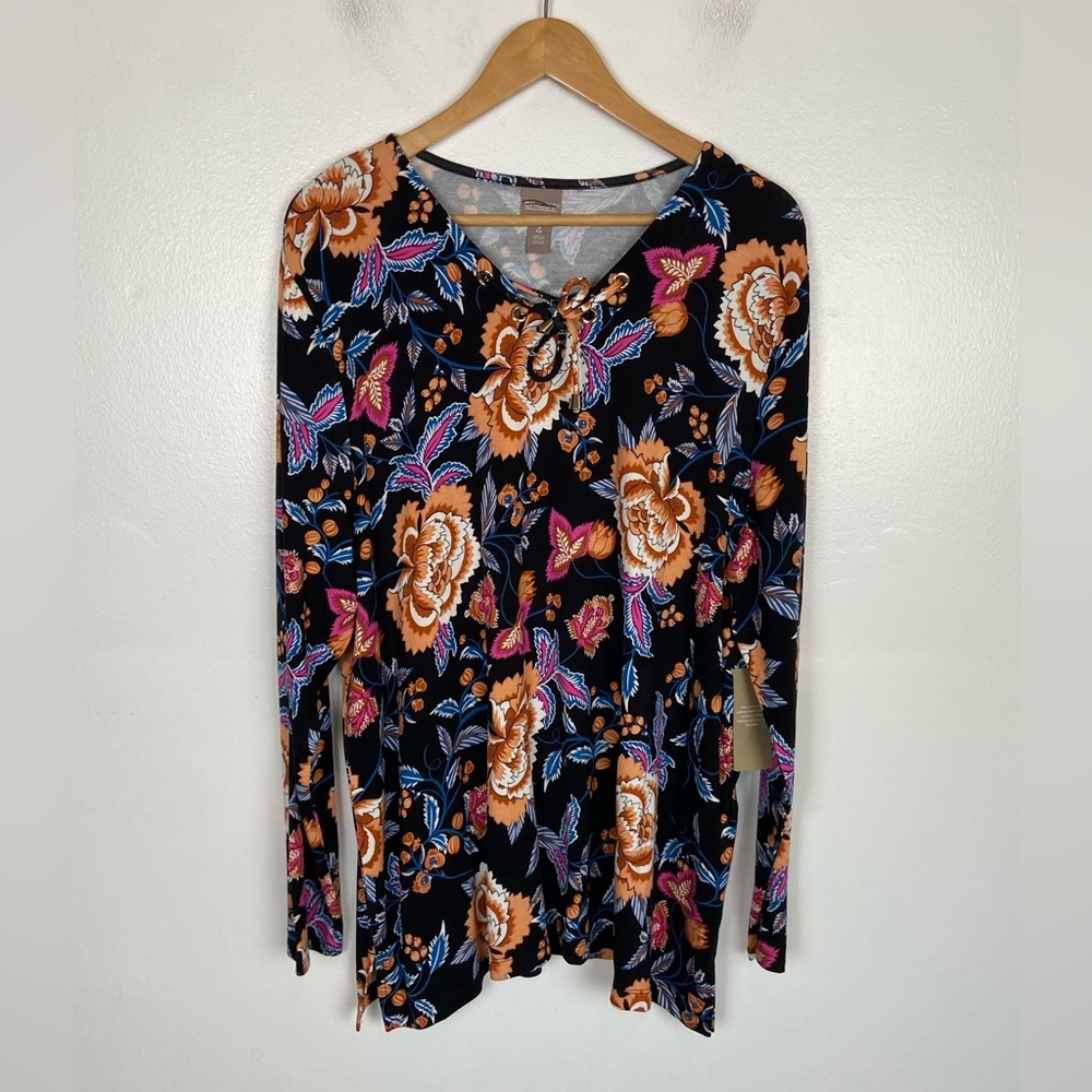 Chico's‎ Rising Floral Lace Up Tunic Top Size 4 US XXL Cozy Soft Long Sleeves